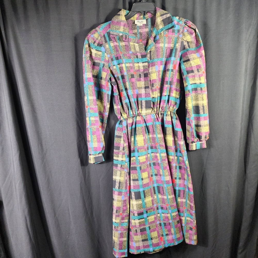 Breli Originals Vintage 80s Abstract Plaid Midi Dress Purple Teal‎ Womens 12